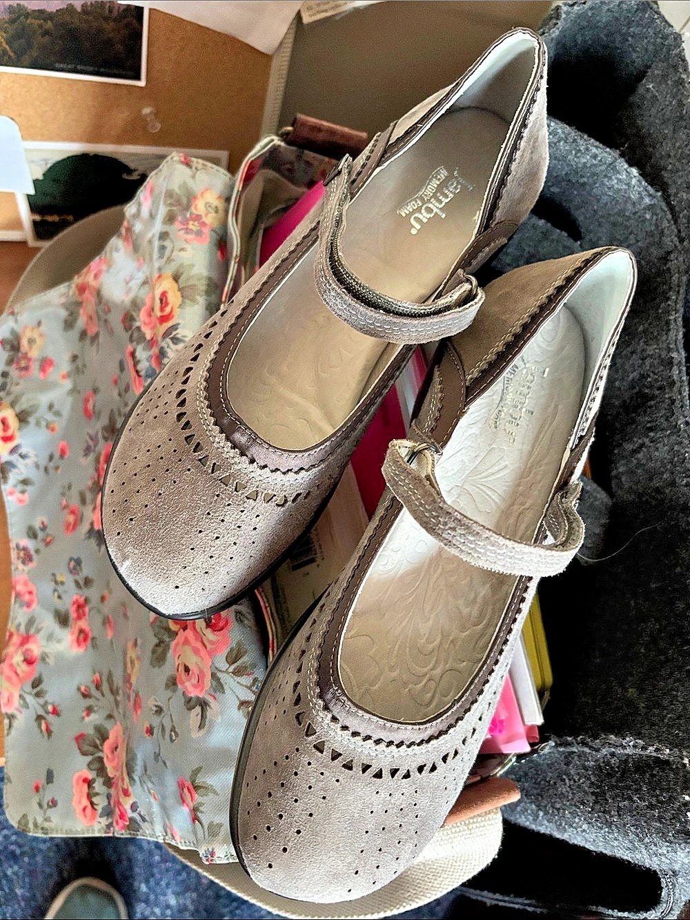 Jambu Suede Wedge Perforated Mary Jane Wedges in Taupe sz7